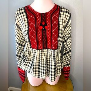 ZARA Top Babydoll Style Top Black White Plaid Red Embroidered Trim Size Large